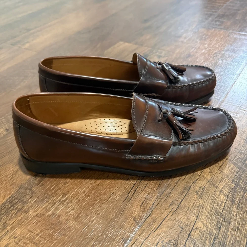 Johnston and Murphy Mens Tassel Loafers Brown Leather Sheepskin Dress Shoes 11